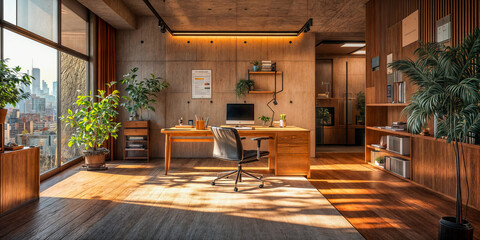 Bureau de travail moderne et confortable avec vue sur la ville