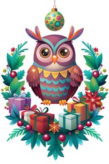 Naklejka premium Owl bird on white background. Winter set of hand drawn illustration with ​​bird and Christmas holiday decorations. Collection seasonal greeting card in Merry Christmas and Happy New Year design style.