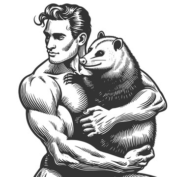 recommend clip art: muscular man holding an opossum, an unusual and humorous combination of strength and nature sketch engraving generative ai raster illustration. Scratch board imitation. Black and white image.