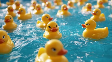 Rubber ducks floating in blue water, playful scene with many yellow ducks