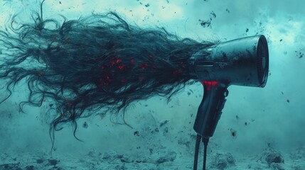 Creative scene of hair dryer in action, surrounded by floating hair.