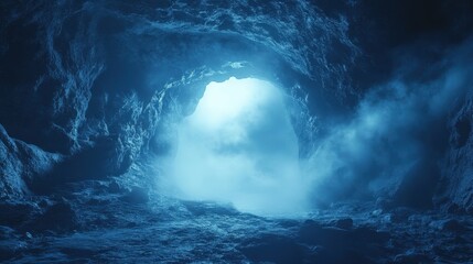 Creepy cave entrance surrounded by swirling mist and shadows.