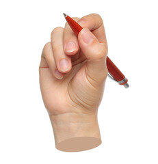 Hands with orange pen isolated on transparent background. Contemporary art