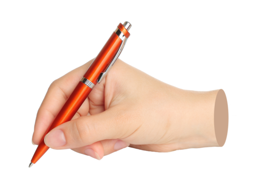 Hands with orange pen isolated on transparent background. Contemporary art