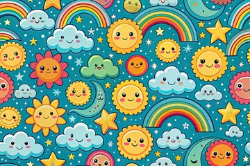 Fototapeta premium Cute Smiling Sun and Rainbow Vector Pattern - Seamless Design for Kids' Decor, Fabric, and Wallpaper with Bright Clouds and Cheerful Elements