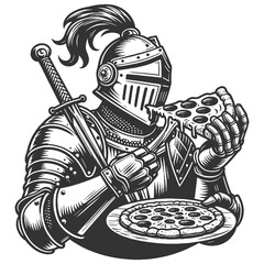 medieval knight in full armor enjoying pizza slice, historical imagery with humorous elements sketch engraving generative ai raster illustration. Scratch board imitation. Black and white image