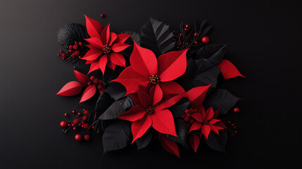 Red poinsettia flowers on black background for christmas holiday design.