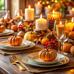 Naklejka premium Elegant fall-themed tablescapes featuring autumn colors