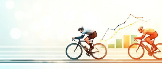 Fototapeta premium Two cyclists racing with rising graph elements, dynamic and energetic scene.