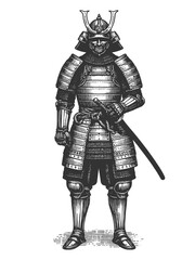 Obraz premium traditional samurai warrior wearing full armor, holding a katana, historical Japanese culture sketch engraving generative ai raster illustration. Scratch board imitation. Black and white image.