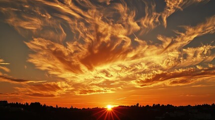 Sunset Over Orange Sky with Wispy Clouds