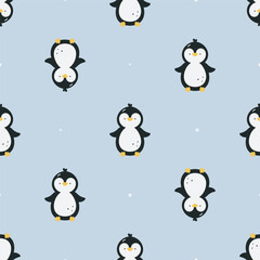 Seamless pattern with cute penguin. Flat vector background. Winter design. Creative texture for fabric, wrapping, textile, wallpaper, apparel.