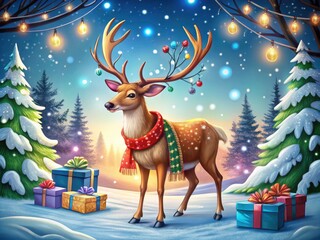 Festive Reindeer Delivering Christmas Gifts in a Charming Style with Holiday Decorations, Perfect for Holiday Celebrations and Seasonal Greetings