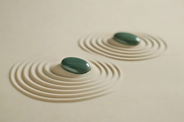 Naklejka premium Serene Zen Garden with Circular Raked Patterns in the Sand, Featuring Green Stones and Soft Beige Background, Capturing Tranquility and Mindfulness, Ideal for Wallpaper or Backdrop