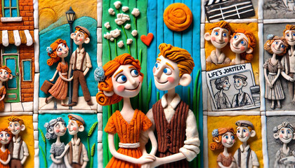 Colorful clay figures depicting a romantic couple in various life settings within an artistic collage format, showcasing love and connection