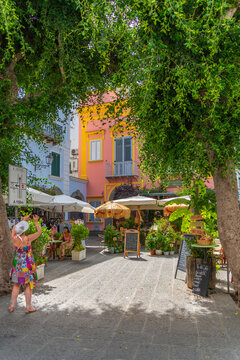 View of cafes in Piazza Giacomo Matteotti, Forio, Island of Ischia, Campania, Italy, Europe