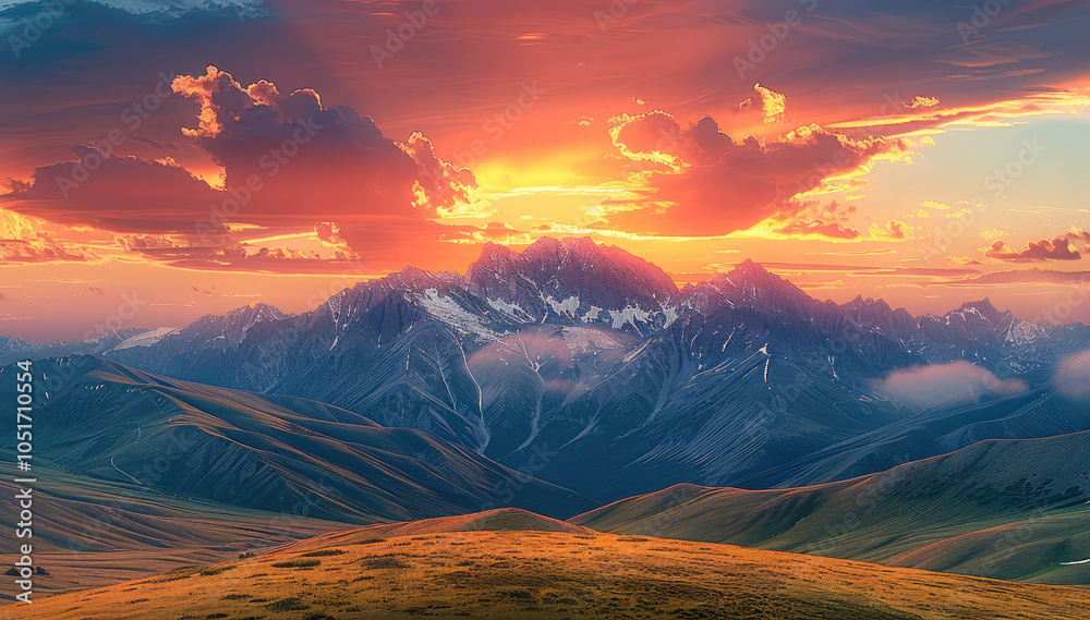 Poster a mountain range with a sunset sky of red fused with yellow.