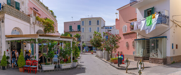 View of restaurants in Porto d'Ischia (Port of Ischia), Island of Ischia, Campania, Italy, Europe