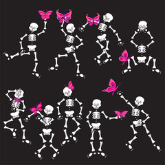 Set of skeletons dancing with pink butterflies. Vector illustration on black background.