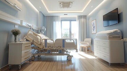 Hospital maternity room with a big hospital bed and a baby crib.