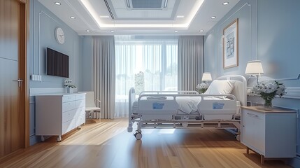 Hospital maternity room with a big hospital bed and a baby crib.