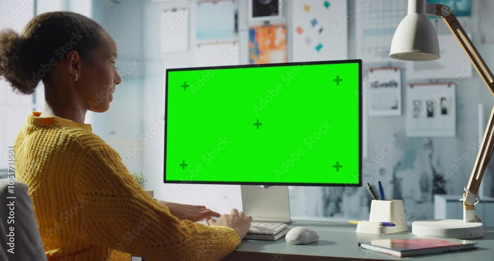 Aufkleber black female engineer uses desktop computer with green screen chroma key. modern office setup with c
