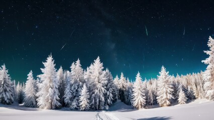 Naklejka premium A serene winter landscape featuring snow-covered trees under a starry night sky with shooting stars. Perfect for winter and nature-themed projects