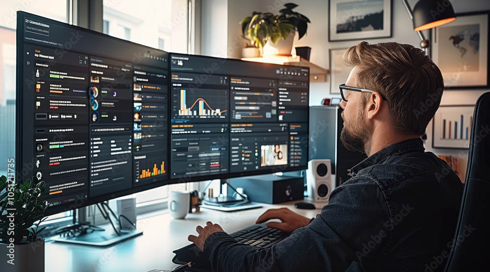 Aufkleber a dedicated social media manager engaged in content creation at a modern workspace, surrounded by mu