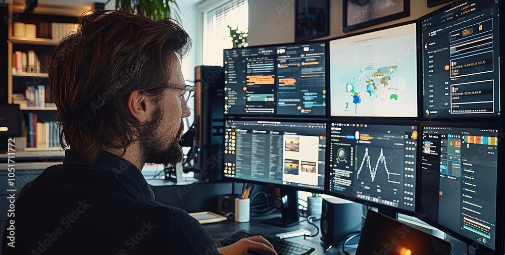 Leinwandbilder a dedicated social media manager engaged in content creation at a modern workspace, surrounded by mu