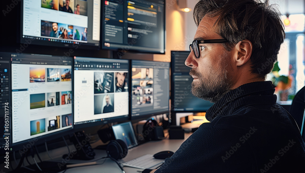 Aufkleber A dedicated social media manager engaged in content creation at a modern workspace, surrounded by multiple screens displaying social media dashboards.