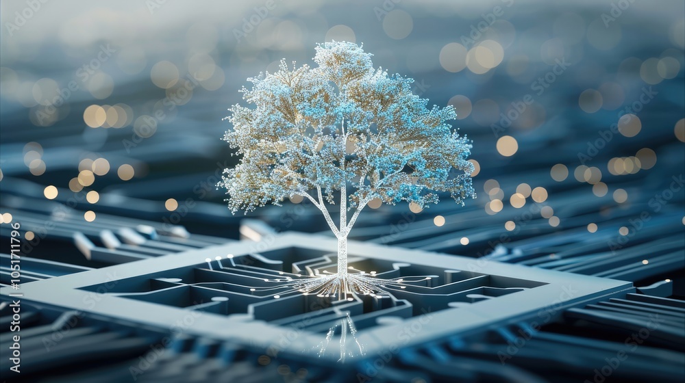Aufkleber a tree of light growing from a microchip, symbolizing the fusion of organic ideas and digital techno