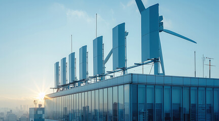A modern wind energy panel integrated into the rooftop of a low-rise building. The vertical axis wind turbines are arranged in a repeating pattern, forming a stylish.