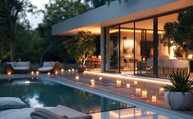 Fototapeta premium A modern luxury cozy urban patio near pool, lights on the floor.
