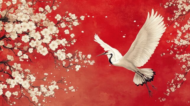 Dynamic layout of various Japanese motifs, such as cranes and cherry blossoms, creating a harmonious tapestry of cultural symbols.