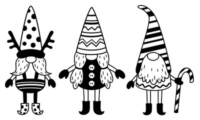 Christmas gnomes clipart. Cute black and white season character. Vector illustration in flat style