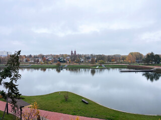 Aerial view of Panevezys city centre, downtown park, one of the largest cities in Lithuania