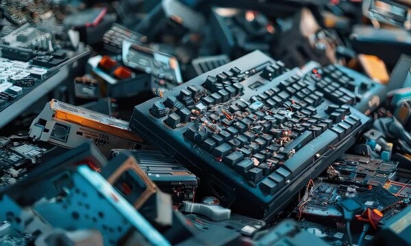Discarded technology: a pile of broken keyboards and gadgets