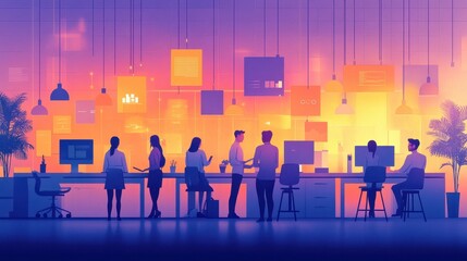 Dynamic scene of a diverse group of professionals collaborating in a modern office, showcasing teamwork and creativity in the workplace.