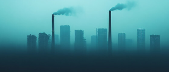 Fototapeta premium Industrial skyline with smokestacks releasing pollution, shrouded in mist. A haunting visual representation of urban air quality challenges.