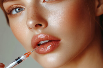 Lips and botox injections. A woman with a filler. Cosmetic procedures and lip augmentation. Hyaluronic acid is injected with a special syringe...