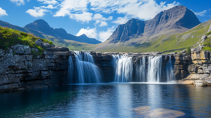 Fototapeta premium A picturesque waterfall cascading over smooth boulders into a serene lake, with mountains rising majestically in the background 