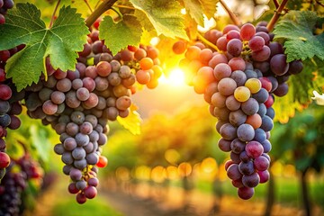 Fototapeta premium Lush Vineyard Grapes in Sunlight - Nature's Bounty, Wine Production, Organic Farming, Grape Harvest, Sunny Vineyard, Agriculture, Green Leaves, Natural