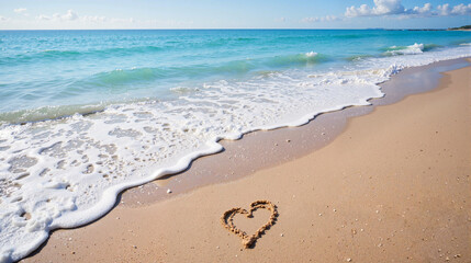 Heart drawn on sandy beach with turquoise ocean waves