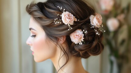 Elegant updo featuring delicate flowers and soft curls.