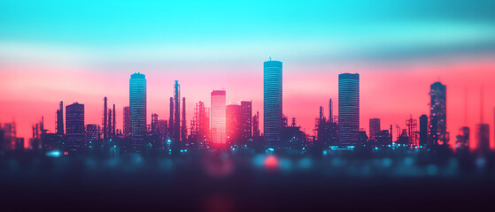 Fototapeta premium Silhouette of a modern city skyline at sunset with vibrant pink and blue hues, creating a dramatic visual effect against the horizon.