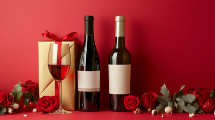 Romantic wine setting with red and white wine bottles, roses, gift box, and glass on red background symbolizing love