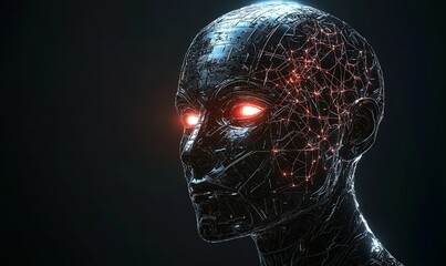 A digital rendering of a robotic head with glowing red eyes and a network of wires and circuits.
