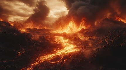 Obraz premium Fiery landscape with molten lava and dark, swirling smoke.