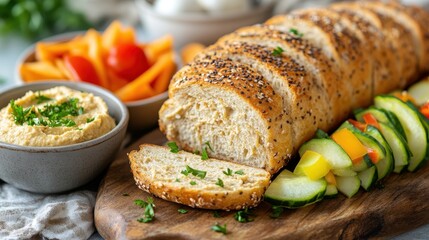 Freshly baked whole grain bread sliced on a cutting board, with a side of homemade hummus and vegetable sticks.