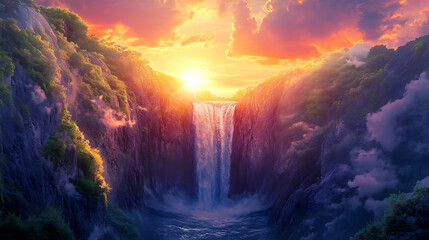 Fototapeta premium A stunning view of a waterfall during sunset, with warm colors reflecting off the water and surrounding landscape 